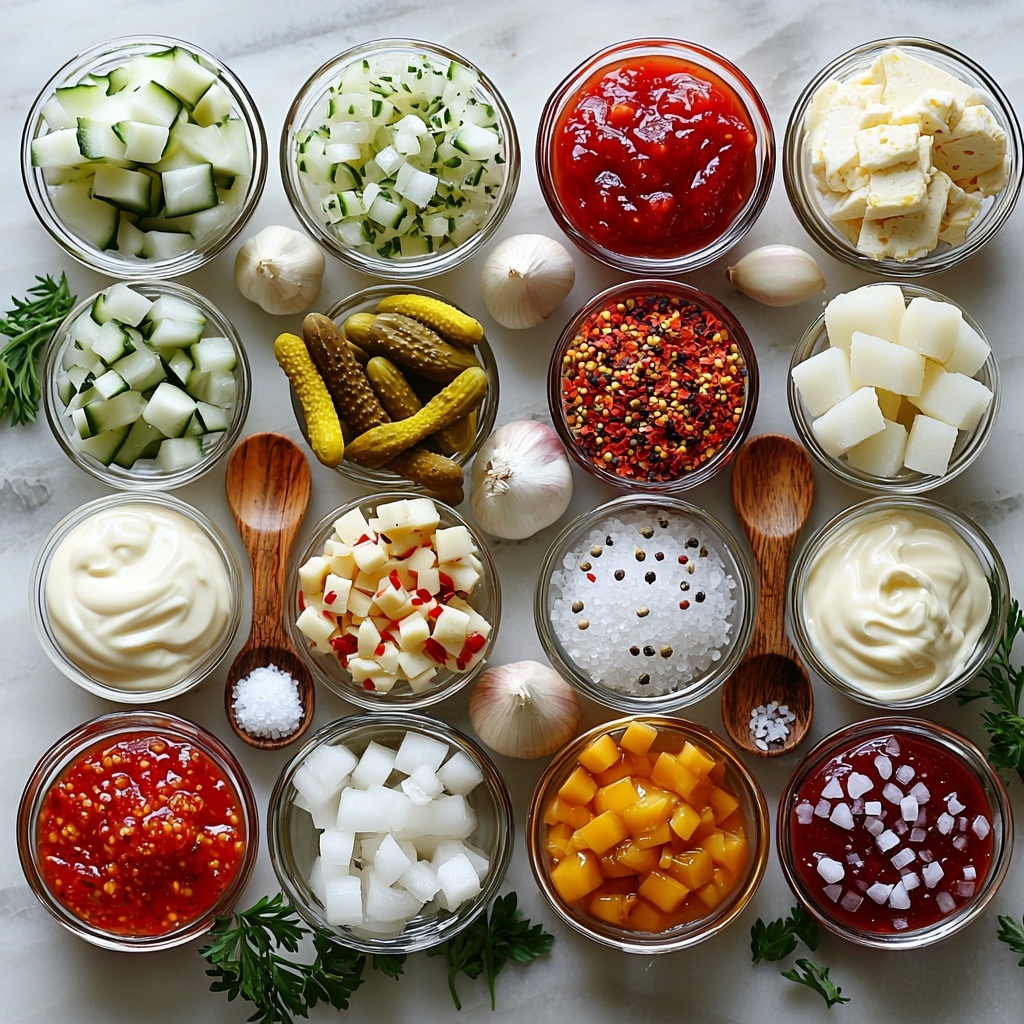 A clean, bright kitchen surface featuring neatly arranged main ingredients for homemade butter chicken: raw chicken thigh chunks in a small white bowl showing glossy pink texture; a small rustic dish of golden vegetable oil and cold creamy butter slabs; vibrant red-orange piles of sweet paprika, curry powder, and smoky garam masala in tiny white spoons; fresh minced garlic cloves and diced white onion in clear glass bowls highlighting their fine texture; a smooth half-cup of creamy white Greek yogurt in a ceramic ramekin; rich, deep red tomato sauce in a small bowl with a glossy surface; scattered black peppercorns alongside a teaspoon of granulated white sugar; a small mound of bright green chopped parsley leaves adding fresh color contrast; a separate bowl of thick, silky heavy cream; a sprinkle of fiery red cayenne pepper powder; 4 pieces of warm, fluffy naan bread slightly overlapping, showcasing soft texture and golden brown spots; a neat bowl of fluffy white steamed rice with visible grains; neutral-toned linen cloth subtly placed beneath some ingredients for warmth; natural lighting emphasizing the vibrant colors and varying textures; minimal shadows for clean, crisp look; overhead shot, top down view, flat lay photography, professional food styling --ar 1:1 --q 2 --s 750 --v 6.1