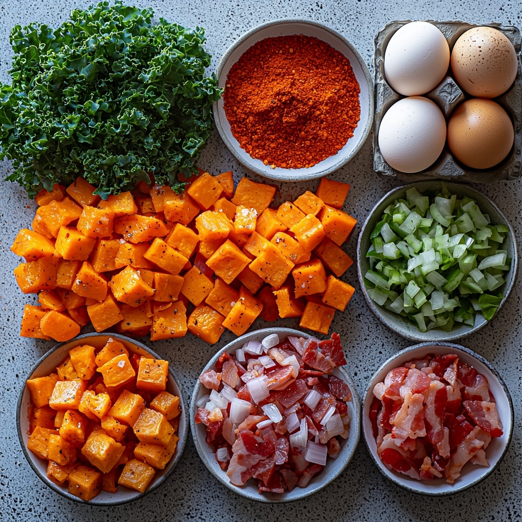 A clean, bright surface featuring an artfully arranged flat lay of sweet potato breakfast hash ingredients: vibrant orange diced sweet potatoes in neat piles, crisp golden brown bacon pieces scattered beside them, a small bowl of finely diced translucent white onion next to bright, glossy red diced bell pepper cubes, a handful of roughly chopped deep green kale leaves fanned out with their textured veins visible, small white bowls containing fine powders of warm cumin, garlic powder, and paprika arranged in a row, a sprinkling of coarse kosher salt crystals and freshly ground black peppercorns nearby, four fresh whole eggs in a rustic carton with smooth shells, and a small pile of thinly sliced bright green onion rings. The colors contrast vividly against the clean white surface, with soft natural light enhancing the textures—from the rough sweet potato cubes to the crisp bacon and delicate kale leaves. The composition is balanced and inviting, showcasing freshness and variety, styled with minimal props to keep focus on the ingredients themselves. Overhead shot, top down view, flat lay photography, professional food styling --ar 1:1 --q 2 --s 750 --v 6.1