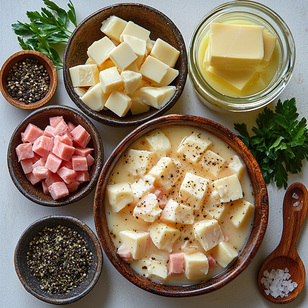 A clean white surface with neatly arranged ingredients for Cordon Bleu Soup: shredded cooked chicken in a small rustic bowl showing tender, fibrous texture; diced ham cubes with a rich pink color scattered slightly; Swiss cheese shredded into fine, soft strands with a creamy off-white hue placed next to the ham; a small glass jug of golden-yellow melted butter glistening; finely chopped white onion piled in a small mound highlighting its layered, slightly translucent texture; two peeled garlic cloves beside minced garlic bits on a wooden spoon; a ceramic bowl filled with rich, amber chicken broth reflecting light; a clear glass measuring cup holding smooth, thick heavy cream; small wooden spoons containing coarse salt, freshly ground black pepper, and dried greenish-grey thyme leaves arranged neatly; fresh bright green parsley leaves and chopped parsley scattered for a fresh pop of color. Each element spaced evenly with natural daylight casting soft shadows, styled simply yet elegantly with minimal props to emphasize textures and colors. Overhead shot, top down view, flat lay photography, professional food styling --ar 1:1 --q 2 --s 750 --v 6.1