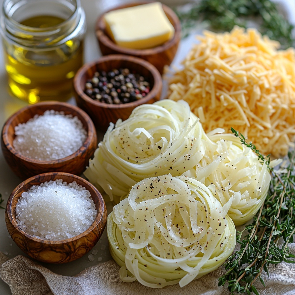 4 large leeks sliced thinly, fresh white and light green rings arranged in loose clusters; small ceramic bowls with coarse salt, granulated sugar, and cracked black pepper neatly placed; a vintage pat of golden butter with visible soft texture on a rustic wooden butter dish; a small glass bowl of glossy olive oil catching the light; two piles of grated cheese — vibrant orange shredded cheddar and fine off-white parmesan flakes — arranged side by side on natural linen fabric; a small bunch of fresh thyme sprigs with delicate green leaves fanned out; all ingredients artfully spaced on a clean, matte white surface with soft natural lighting enhancing the contrasting colors and textures; faint shadows adding depth, minimal props to keep focus on the ingredients, styled with subtle rustic and homey vibes, perfect for a cozy kitchen scene overhead shot, top down view, flat lay photography, professional food styling --ar 1:1 --q 2 --s 750 --v 6.1