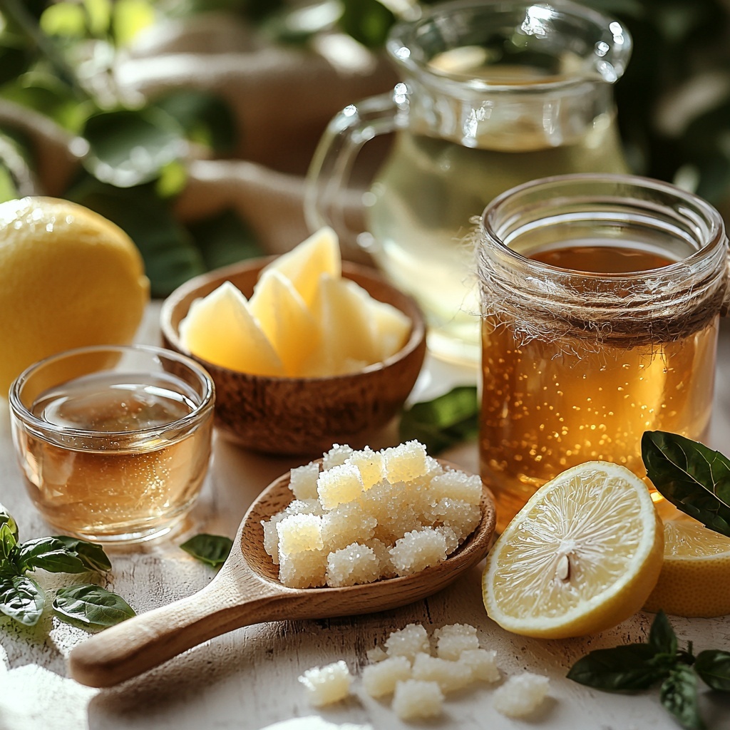 a clean white surface featuring a small wooden spoon filled with fine, pale off-white unflavored gelatin powder, a clear glass cup of steaming hot amber-colored water, a transparent glass measuring cup with cold, translucent liquid (could be water, unsweetened juice, or herbal tea) showing subtle hints of green or golden hues, a small glass bowl containing a few bright yellow lemon wedges, a tiny rustic jar with apple cider vinegar showcasing a warm amber tone, and a small dish holding natural sweetener crystals like monk fruit or stevia with a delicate granular texture; ingredients are neatly spaced with natural soft daylight casting gentle shadows, minimalistic styling with a few fresh green herbs as accents, textured linen napkin folded casually at the edge for warmth, slight condensation on the glass vessels for freshness, overhead shot, top down view, flat lay photography, professional food styling --ar 1:1 --q 2 --s 750 --v 6.1