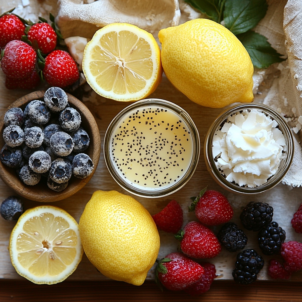 Milk (unsweetened coconut, almond, oat, or dairy milk) in a small glass jug with creamy, smooth texture; fresh lemons whole and halved showing bright yellow flesh; a small bowl with vibrant yellow lemon zest curls; a clear bowl containing glistening golden maple syrup; a wooden teaspoon with pure vanilla extract, dark and glossy; a transparent jar or bowl filled with tiny, black and white speckled chia seeds showcasing their delicate texture; a small pinch bowl of coarse sea salt crystals; optional toppings arranged nearby including delicate coconut flakes, a handful of colorful fresh berries (red strawberries, blue blueberries, and deep purple blackberries), and a swirl of fluffy white whipped cream or creamy coconut yogurt in a rustic ceramic dish. All ingredients are neatly spaced and arranged on a clean, light wood surface with natural soft daylight highlighting the fresh colors and varied textures, styled with minimal rustic props such as a linen napkin and wooden spoons for an inviting, fresh, and natural look. Overhead shot, top down view, flat lay photography, professional food styling --ar 1:1 --q 2 --s 750 --v 6.1