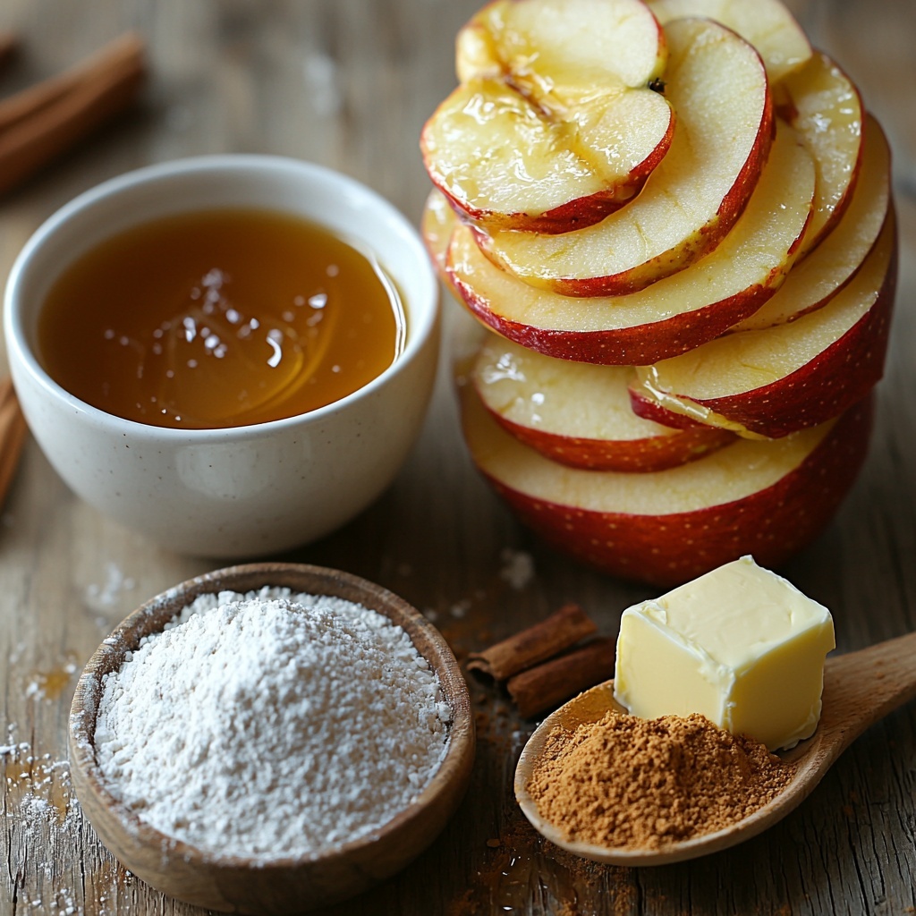 1 - 4 peeled and sliced red apples arranged in a small neat pile, a small white bowl of glossy golden caramel sauce with a drizzle spoon resting beside it, a mound of fine white flour scattered lightly on the clean surface, a rustic heap of coarse brown sugar with rich caramel tones, a chunk of pale yellow butter sliced with soft edges, and a small vintage spoon filled with warm brown cinnamon powder. All ingredients are placed thoughtfully on a smooth, neutral light wooden background with natural soft daylight highlighting the varied textures — the smooth, juicy apple slices, the sticky shine of caramel, the powdery flour, the grainy brown sugar, the creamy butter, and the dusty cinnamon. Some flour and sugar lightly dust the surface for an organic, inviting feel. Minimal shadows, bright and airy atmosphere, natural earthy tones, cozy dessert preparation vibe. overhead shot, top down view, flat lay photography, professional food styling --ar 1:1 --q 2 --s 750 --v 6.1