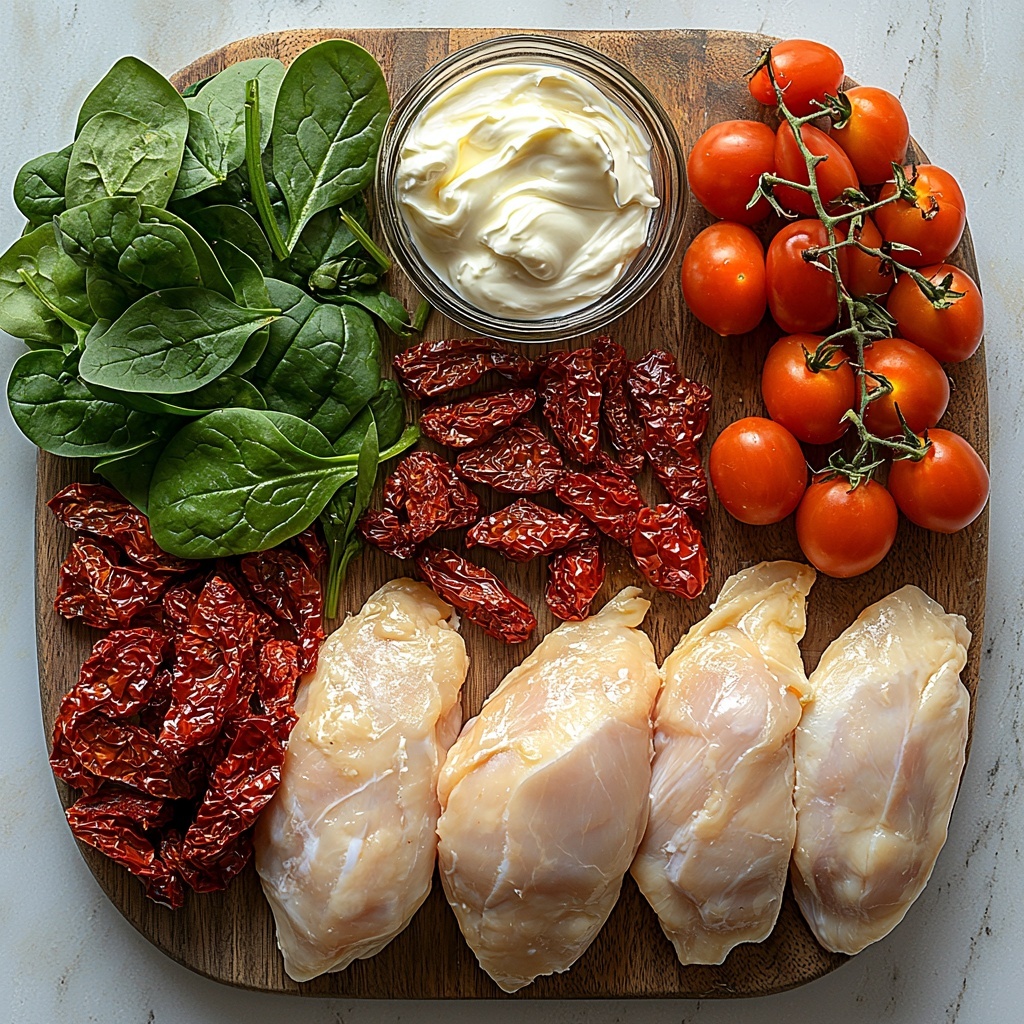 2 - high-resolution overhead shot of creamy tuscan chicken ingredients arranged on a clean white marble surface: four raw chicken breasts with a smooth pale pink texture, a small clear glass bowl filled with thick white heavy cream, a rustic dish with rich red sun-dried tomatoes showing wrinkled texture, a fresh handful of vibrant green spinach leaves with delicate veins, several bulbs of garlic cloves with papery white and light purple skins, a wedge of creamy off-white Parmesan cheese with a slightly crumbly texture on a wooden board, small sprigs of fresh herbs for garnish nearby, natural soft lighting highlighting the contrasting colors and textures, minimalist styling with ample negative space to emphasize each ingredient’s freshness and quality, subtle shadows for depth, overhead shot, top down view, flat lay photography, professional food styling --ar 1:1 --q 2 --s 750 --v 6.1