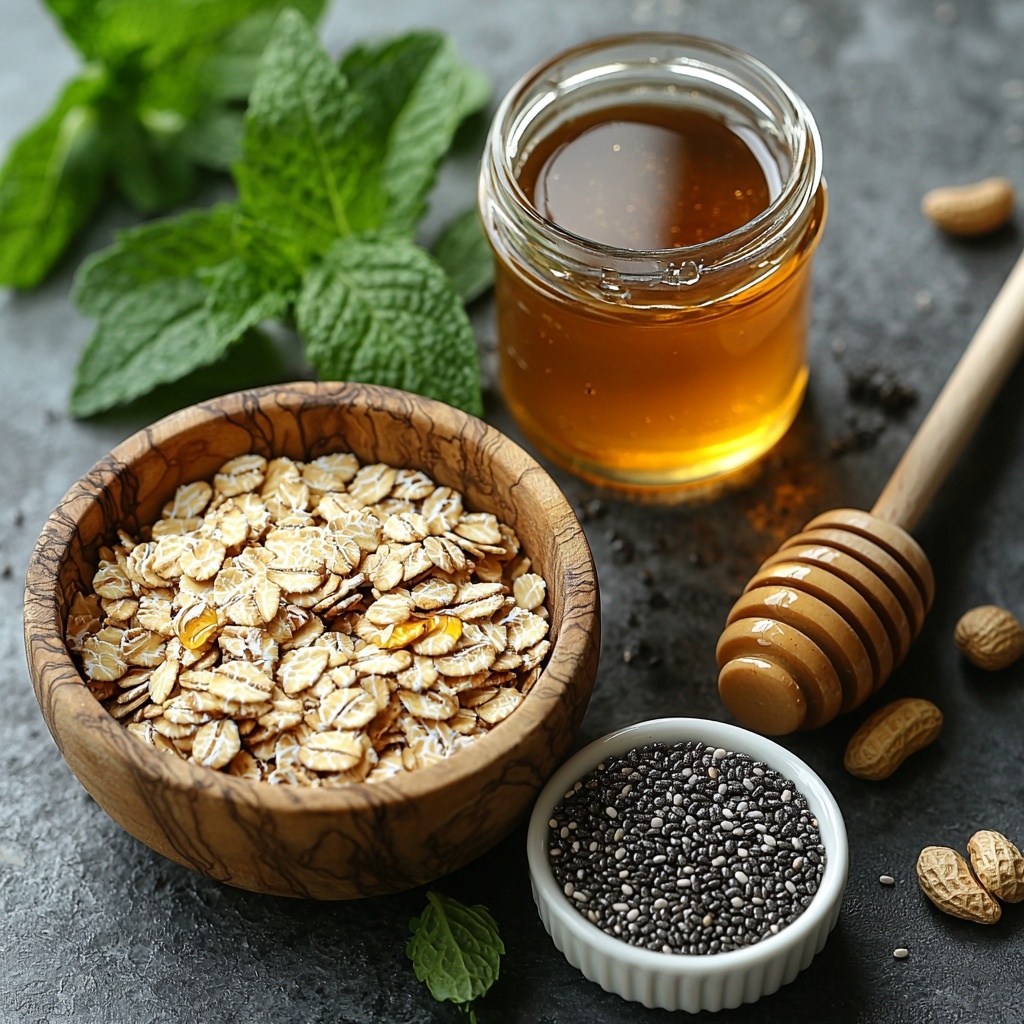 3 -A clean, bright surface laid out with natural tones: a wooden bowl filled with rolled oats showing rough, flaky texture; a small glass jar of smooth, creamy peanut butter with a wooden spoon resting beside it; a small honey dipper dripping golden honey into a clear glass bowl; and a small white ceramic dish containing shiny, black chia seeds scattered loosely. Soft natural lighting enhances the warm, earthy colors and varied textures of the ingredients. Neatly arranged with slight spacing to showcase each element’s detail, complemented by a sprig of fresh green mint for a pop of color. Minimal shadows, styled with a rustic, wholesome vibe, emphasizing simplicity and freshness. overhead shot, top down view, flat lay photography, professional food styling --ar 1:1 --q 2 --s 750 --v 6.1
