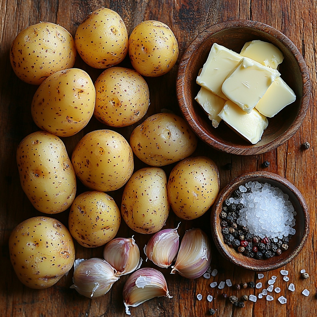 4 - baby potatoes in mixed shades of golden yellow, light brown, and pale red, scattered casually with some whole and some halved to reveal creamy interiors; 4 tablespoons of butter in a small rustic wooden bowl, soft and slightly melted with a glossy sheen; 4 whole garlic cloves with papery white skins, some peeled to show smooth, creamy garlic bulbs; small piles of coarse salt crystals and freshly ground black peppercorns displayed nearby; all ingredients arranged neatly on a clean, light wooden surface with natural soft daylight highlighting the textures and natural colors, slight shadows adding depth, styled with a minimalistic, rustic kitchen vibe, vibrant and fresh look, crisp and detailed overhead shot, top down view, flat lay photography, professional food styling --ar 1:1 --q 2 --s 750 --v 6.1