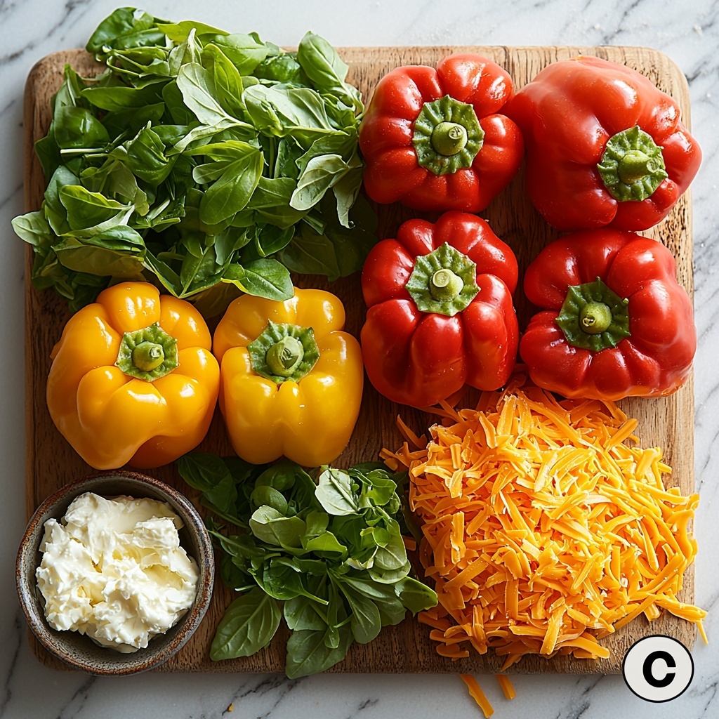 5 - vibrant red, yellow, and green bell peppers whole and halved, smooth shiny skins with seeds visible inside; a block of creamy white cream cheese softly textured on a small rustic wooden board; a small bowl overflowing with bright orange shredded cheddar cheese, delicate curls and strands catching light; a small dish of fine white garlic powder sprinkled neatly, soft powdery texture; all ingredients arranged artfully spaced on a clean white marble surface with subtle natural light creating soft shadows, fresh and inviting composition emphasizing vivid colors and contrasting textures, minimal props to keep focus on ingredients, overhead shot, top down view, flat lay photography, professional food styling --ar 1:1 --q 2 --s 750 --v 6.1