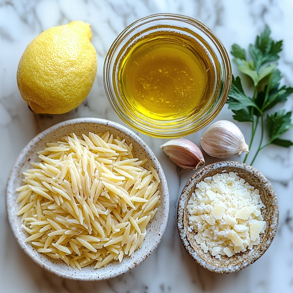 6- A bright, clean flat lay of the main ingredients for Lemon Garlic Orzo arranged artfully on a smooth white marble surface. A small heap of uncooked golden orzo pasta with its tiny rice-like grains, two whole fresh garlic cloves with smooth, papery white skin, a small elegant glass dish filled with rich golden olive oil catching the light, a vibrant lemon cut in half showcasing bright yellow zest and juicy pulp, and a small rustic bowl of finely grated Parmesan cheese with its creamy off-white texture. Natural soft daylight illuminates the scene, casting gentle shadows that emphasize the textures—the roughness of garlic skin, the smoothness of olive oil, the zest’s fine granules, and the pasta’s matte finish. Minimalistic styling with a sprig of fresh parsley for a pop of green. Clean, airy, and inviting composition centered with balanced spacing, capturing each ingredient’s color and form perfectly. overhead shot, top down view, flat lay photography, professional food styling --ar 1:1 --q 2 --s 750 --v 6.1
