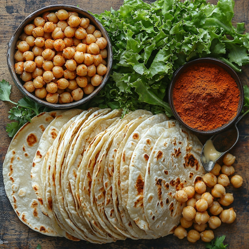 8- Imagine a flat lay of ingredients for spicy chickpea wraps arranged neatly on a clean, light wooden surface. A can of golden-brown roasted chickpeas sits in a small rustic bowl, speckled with warm paprika and cumin powders scattered artistically nearby. Soft, beige corn tortillas are stacked slightly fanned out, showcasing their smooth texture. Fresh, crisp green lettuce leaves with delicate veins are placed in a small pile, adding a vibrant pop of color. A small bowl of creamy, pale tahini sauce with a subtle sheen sits beside the chickpeas. The scene is styled with minimal props — a vintage silver spoon next to the tahini, and small piles of vibrant red paprika and golden cumin powders for texture contrast. Soft natural lighting highlights the warm earthy tones and fresh greens, emphasizing textures and colors for an inviting, wholesome vegan lunch feel. Overhead shot, top down view, flat lay photography, professional food styling --ar 1:1 --q 2 --s 750 --v 6.1