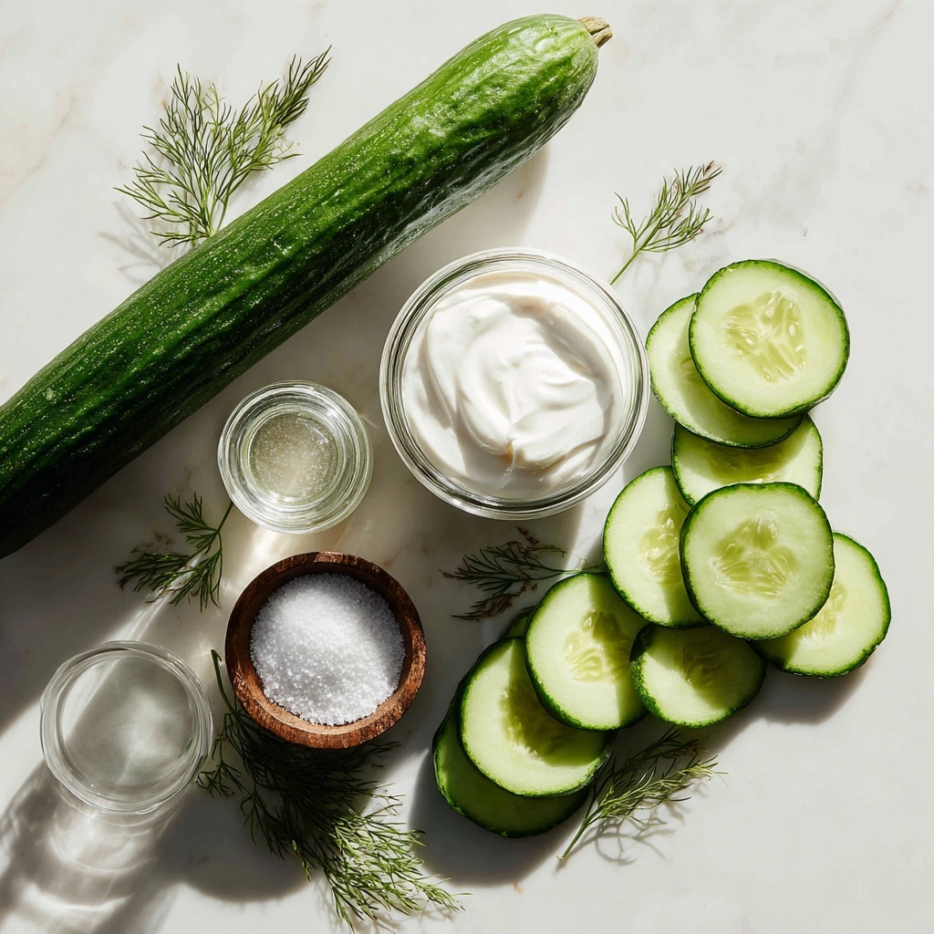 9- A clean white marble surface with fresh crisp cucumbers sliced into thin rounds and a whole cucumber with deep green skin, a small bowl of smooth, creamy white sour cream, a vintage glass jar filled with clear, pale vinegar, a small rustic wooden bowl containing fine granulated white sugar, and a handful of fresh bright green dill sprigs arranged artfully around the ingredients. The cucumbers are fanned out in a semi-circle, the sour cream bowl at the center, sugar and vinegar jars balancing the composition, and sprigs of dill scattered lightly for texture and color contrast. Soft natural lighting highlighting the fresh textures and vibrant colors, subtle shadows adding depth, minimalistic and elegant styling with a focus on freshness and simplicity, slight condensation on cucumber slices for a refreshing look. overhead shot, top down view, flat lay photography, professional food styling --ar 1:1 --q 2 --s 750 --v 6.1