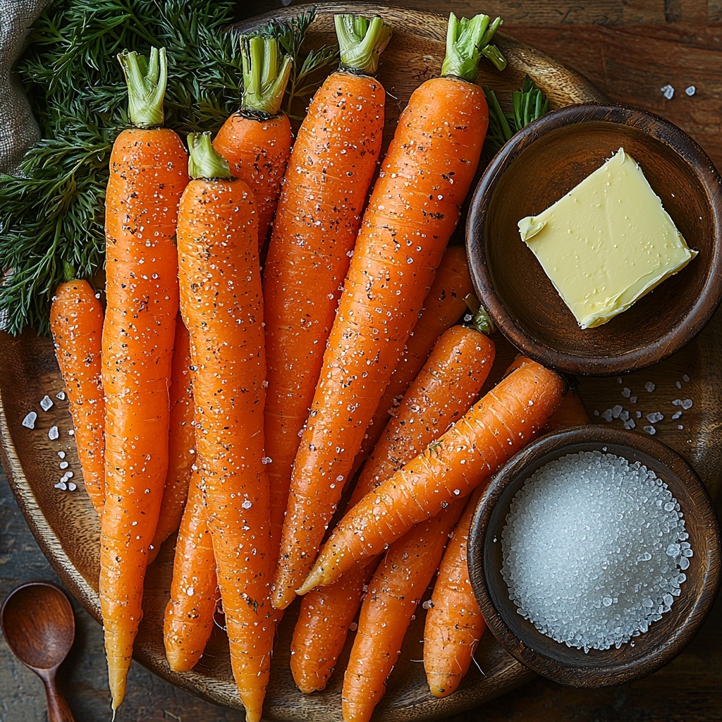 10- A flat lay arrangement of fresh vibrant orange carrots, some whole and some peeled and sliced, a small pat of creamy golden butter, a rustic wooden bowl filled with rich, deep brown sugar crystals, and a small vintage dish of fine white salt, all placed on a clean, light wooden surface. The carrots have a slightly glossy texture highlighting their freshness, the butter looks smooth and soft, the brown sugar is coarse and sparkling, and the salt crystals are delicate and bright. Natural soft lighting enhances the warm colors and textures, with subtle shadows adding depth. Minimal props, such as a small wooden spoon next to the sugar bowl and a linen napkin folded neatly to the side, create a cozy, inviting atmosphere. overhead shot, top down view, flat lay photography, professional food styling --ar 1:1 --q 2 --s 750 --v 6.1
