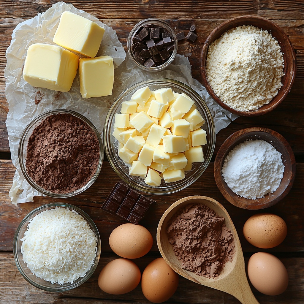 6- Softened unsalted butter in a small glass bowl with a creamy pale yellow texture, packed brown sugar heaped neatly in a rustic ceramic bowl showcasing rich caramel tones, fine granulated white sugar in a small white porcelain dish, two large fresh brown eggs with smooth shells, a small glass jar of pure vanilla extract with dark amber liquid, a mound of all-purpose flour with a powdery white texture on a wooden spoon, cocoa powder with deep dark brown velvety texture in a small bowl, a small heap of baking soda in a tiny white scoop, fine salt crystals in a miniature dish, shredded sweetened coconut flakes bright white and fibrous scattered loosely on parchment paper, glossy semi-sweet chocolate chips with irregular shapes in a vintage bowl, and a small pinch of espresso powder in a tiny ceramic spoon with a rich dark brown powder. All ingredients are meticulously arranged on a clean light wooden surface with natural soft daylight casting gentle shadows, minimal props like a linen napkin and a wooden scoop add warmth, colors are warm and inviting with contrasting textures, clean and sharp details emphasize freshness and authenticity, styled to evoke a cozy kitchen environment. Overhead shot, top down view, flat lay photography, professional food styling --ar 1:1 --q 2 --s 750 --v 6.1