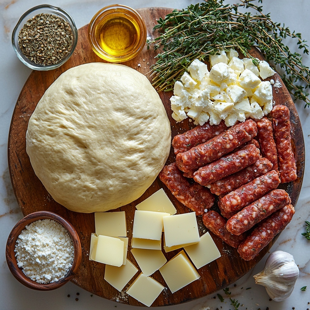 8- a clean, bright kitchen surface with all main ingredients for homemade sausage bread meticulously arranged for flat lay photography: a smooth ball of pale beige pizza dough dusted lightly with white flour; a small wooden bowl with golden olive oil shimmering under soft light; a rustic plate holding raw, coarsely textured ground Italian sausage in rich reddish-brown tones; three peeled garlic cloves finely minced on a white ceramic dish; a small dish of Italian seasoning showing mixed green herbs; neatly stacked slices of creamy white provolone and soft mozzarella cheese with slightly glossy surfaces; a small glass bowl containing a golden beaten egg wash; scattered grains of coarse salt and cracked black peppercorns adding texture and contrast; all items spaced evenly on a light wood or marble background for clean, airy feel, natural daylight highlighting textures and freshness, slight shadowing for depth, styled with minimal props such as a sprig of fresh rosemary or an antique silver teaspoon overhead shot, top down view, flat lay photography, professional food styling --ar 1:1 --q 2 --s 750 --v 6.1