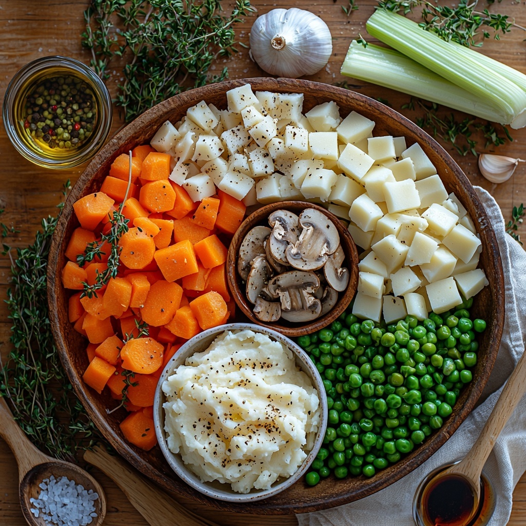 9- Mushrooms chopped into small pieces in a rustic wooden bowl, vibrant diced orange carrots, pale diced celery stalks, glossy diced white onion, minced garlic cloves arranged in a small dish, fresh bright green peas scattered loosely, creamy smooth mashed potatoes in a white ceramic bowl with a silver spoon, a small glass bowl of golden olive oil, a small dish with coarse salt and black peppercorns, sprigs of fresh thyme and rosemary placed artfully, a clear measuring cup with amber vegetable broth, a small bowl with dark soy sauce, all ingredients carefully spread out on a clean, light wooden surface with soft natural light casting gentle shadows, emphasizing the earthy colors and varied textures, subtle rustic kitchen props like a wooden spoon and linen napkin to enhance warmth and homeliness, overhead shot, top down view, flat lay photography, professional food styling --ar 1:1 --q 2 --s 750 --v 6.1