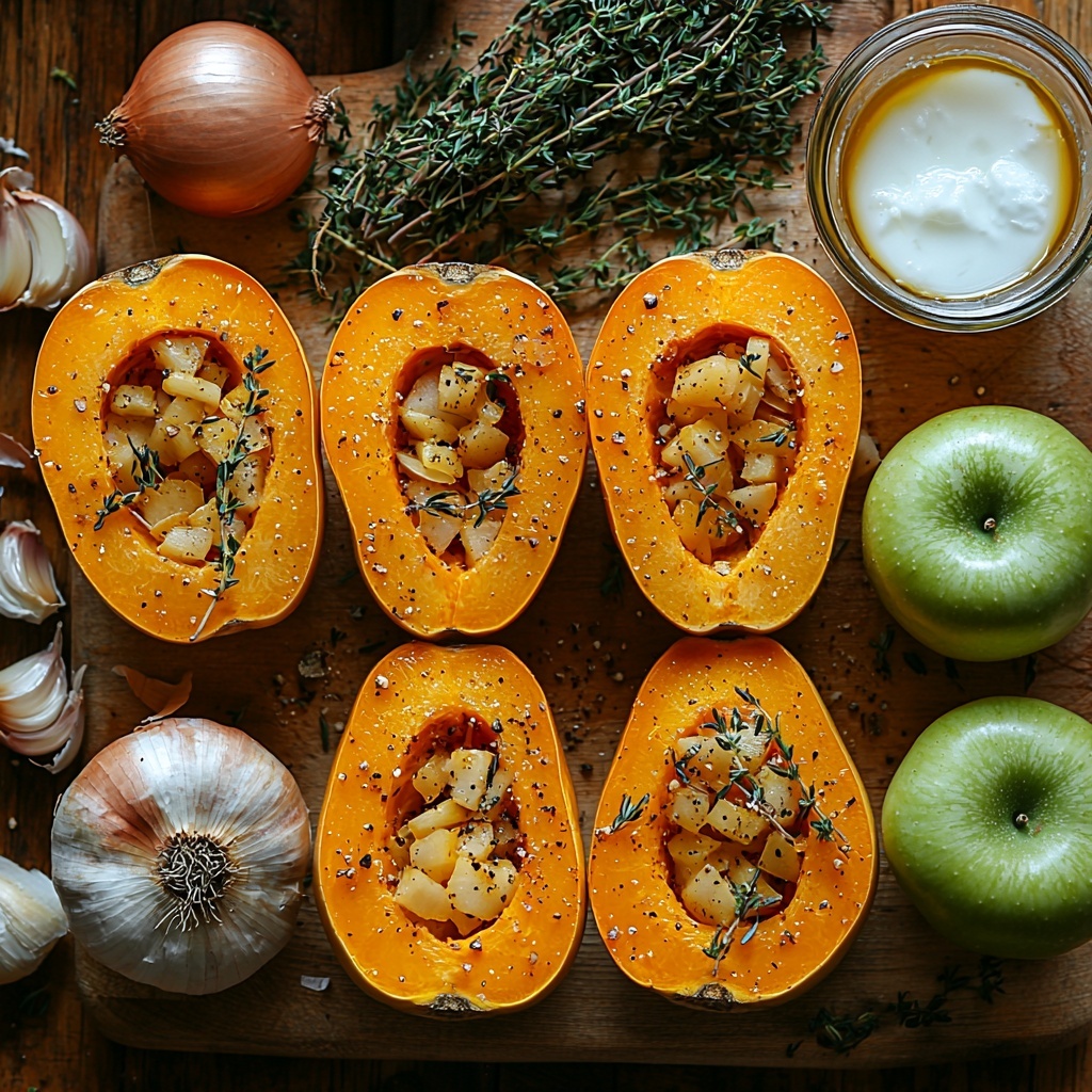 10- butternut squash halved with seeds exposed, whole onion and peeled garlic cloves scattered nearby, a small glass bowl of golden coconut oil, fresh bundle of thyme tied with butcher’s string, whole bright red scotch bonnet pepper, two crisp green apples halved and quartered showing juicy texture, a measuring cup filled with creamy white coconut milk, a clear bowl of rich vegetable stock, all ingredients neatly arranged on a clean, light wooden surface with soft natural lighting highlighting the vibrant orange of the squash, deep green thyme, and fiery red pepper, slight shadows for depth, minimalistic styling with rustic kitchen elements subtly blurred in background, emphasizing fresh textures and colors, overhead shot, top down view, flat lay photography, professional food styling --ar 1:1 --q 2 --s 750 --v 6.1