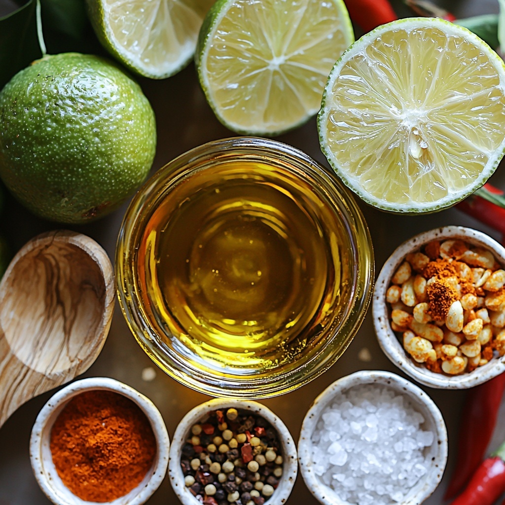 11- A clean, bright surface featuring a flat lay arrangement of fajita chicken marinade ingredients: a small glass bowl of golden olive oil with a slight sheen, two halved fresh limes showing their vibrant green flesh, two garlic cloves peeled and minced finely scattered nearby, small rustic white ceramic spoons holding warm red chili powder, earthy brown cumin powder, and deep red smoked paprika powder neatly lined up, a small dish of coarse salt crystals and another dish with cracked black peppercorns, and a few thin slices of bright red chopped chili pepper adding a pop of color. Natural light casts soft shadows, highlighting the contrasting textures of smooth citrus, rough spices, and glossy oil. The composition is balanced and inviting with ample negative space, styled with minimal props like a wooden spoon and a linen napkin in muted tones to enhance the fresh, vibrant ingredients. overhead shot, top down view, flat lay photography, professional food styling --ar 1:1 --q 2 --s 750 --v 6.1