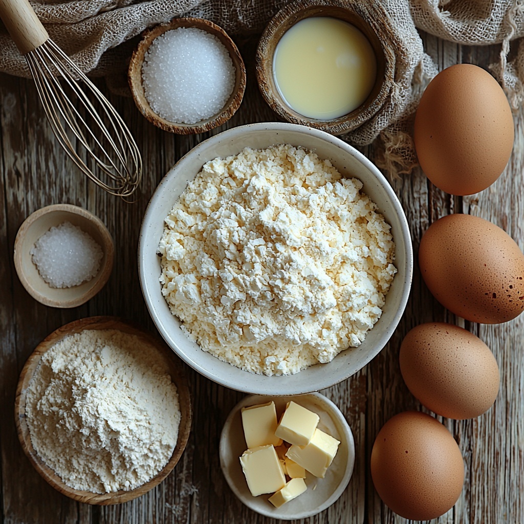12- half cup all purpose flour in a small white ceramic bowl with fine powder texture, three large brown eggs with smooth shells neatly arranged beside it, half cup milk in a clear glass measuring cup showing creamy white liquid, three tablespoons melted golden butter in a small glass dish glistening with shine, one tablespoon white granulated sugar in a tiny white ramekin with sparkling crystals, quarter teaspoon of fine salt in a miniature ceramic dish, all ingredients placed on a clean rustic light wooden surface with soft natural lighting casting gentle shadows, arranged spaciously with kitchen utensils like a whisk and wooden spoon partially visible for context, neutral-toned linen napkin folded casually nearby, warm and inviting color palette emphasizing textures and contrasts, overhead shot, top down view, flat lay photography, professional food styling --ar 1:1 --q 2 --s 750 --v 6.1