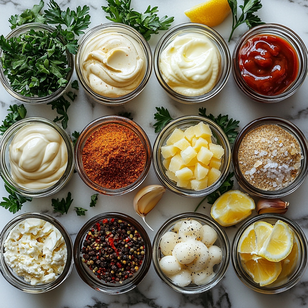 1- vibrant flat lay of Louisiana remoulade sauce ingredients arranged neatly on a bright, clean white marble surface; small glass bowls with creamy off-white real mayonnaise, golden coarse textured whole grain mustard, and thick deep red ketchup; small rustic ceramic spoons holding creamy white prepared horseradish, glossy dark brown Worcestershire sauce, and fine light brown granulated sugar; tiny heaps of dried green parsley and snipped chives with delicate leafy texture scattered artistically; loose sprinkle of warm reddish-brown all purpose Creole seasoning with visible flakes; fresh yellow lemon wedges next to small glass dishes of bright yellow lemon juice; a small pile of finely minced pale beige garlic adding subtle texture; natural soft daylight casting gentle shadows emphasizing the varied textures and natural colors, minimalistic styling with subtle rustic wooden elements at the edges; everything arranged in a balanced, harmonious grid with negative space for visual breathing room; bright, clean, crisp, inviting palette highlighting freshness and bold flavors overhead shot, top down view, flat lay photography, professional food styling --ar 1:1 --q 2 --s 750 --v 6.1