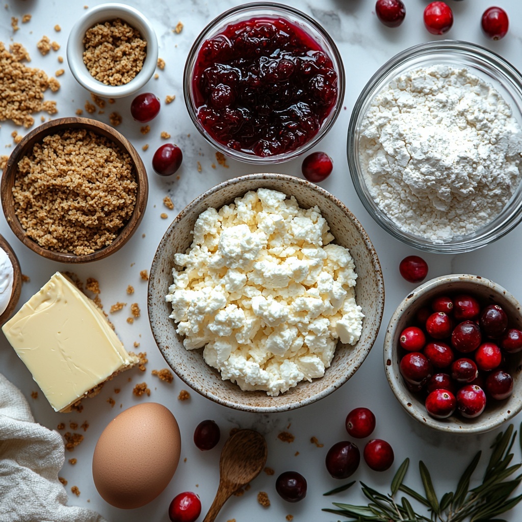 2- A flat lay arrangement of ingredients for cranberry white chocolate cheesecake on a clean white surface: a small bowl of golden graham cracker crumbs next to a small pile of fine white granulated sugar, a small clear bowl with melted golden butter, a large block of smooth, creamy white cream cheese, three large fresh brown eggs, a small bowl of thick sour cream with a glossy surface, white chunks and melted swirls of white chocolate in a glass bowl, a small glass bowl of vanilla extract with a rich amber hue, a heap of light beige all-purpose flour, a small pinch of coarse salt in a tiny bowl, fresh bright red cranberries scattered beside a small glass bowl holding deep red cranberry sauce, a mini bowl of orange zest with vibrant orange shreds, a small clear bowl of golden orange juice, a small bowl of clear water, a tiny bowl of white cornstarch powder, and a pile of sparkling white granulated sugar; ingredients are carefully spaced with natural soft light casting gentle shadows, emphasizing contrasting textures—from powdery flour and sugar to glossy liquids and fresh berries—styled with minimal rustic props like a wooden spoon and linen napkin nearby for warmth; colors rich yet natural, focus on vibrant reds, whites, and warm golden tones; overhead shot, top down view, flat lay photography, professional food styling --ar 1:1 --q 2 --s 750 --v 6.1