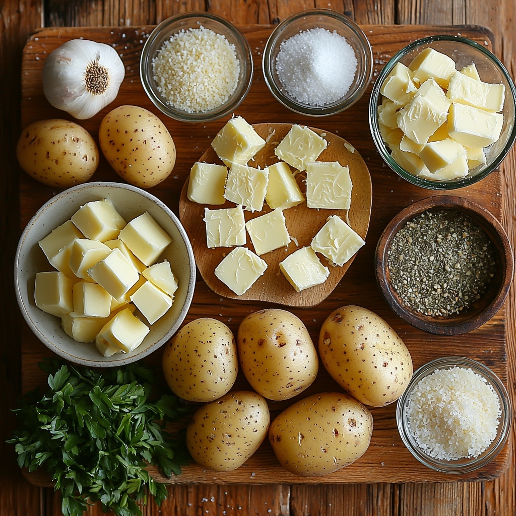 3- baby potatoes halved with smooth, varying beige and light brown skins, small garlic cloves peeled and minced, glistening golden butter cubes next to a small glass dish of rich olive oil, a rustic white bowl filled with thick heavy cream, a small clear bowl of light brown broth, finely grated pale yellow Parmesan cheese piled gently on a wooden spoon, small ceramic dishes containing salt, black pepper, and mixed greenish Italian herbs powders carefully scooped, fresh bright green chopped parsley scattered artistically, all ingredients neatly arranged on a clean, neutral-toned wooden surface with natural soft lighting highlighting textures and subtle shadows, minimalistic style with crisp focus, overhead shot, top down view, flat lay photography, professional food styling --ar 1:1 --q 2 --s 750 --v 6.1