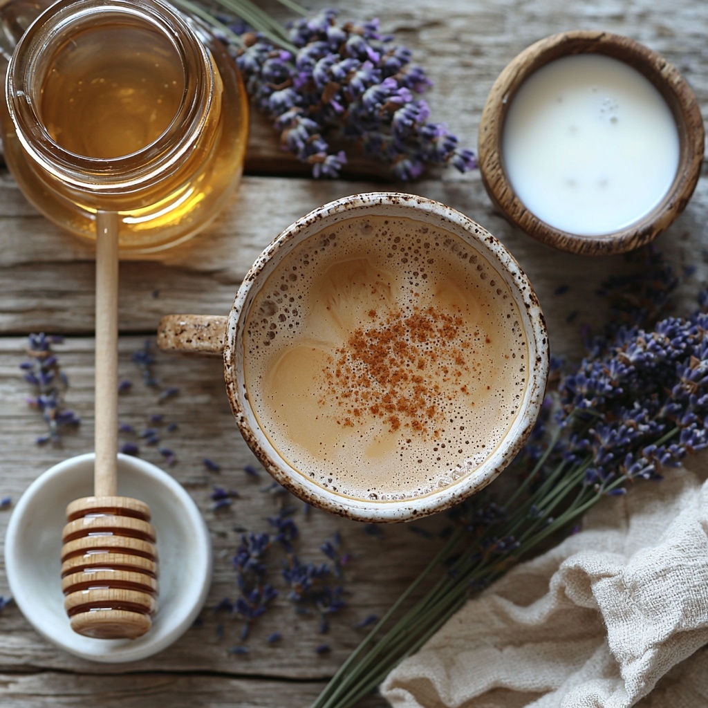 4- 2 shots espresso in a small clear glass cup showing dark, rich liquid; 1/2 cup strong brewed coffee in a rustic ceramic mug with warm, deep brown color; 3/4 cup milk in a white porcelain jug with smooth, creamy texture; 1 tablespoon golden, glossy honey in a small glass jar with wooden honey dipper resting beside it; 1 teaspoon dried culinary lavender buds in a small white bowl showcasing purple, delicate petals; 1/4 cup clear water in a simple glass measuring cup; a small bowl of additional honey with lavender buds for garnish nearby; ingredients are neatly arranged on a clean, light wooden surface with soft natural lighting enhancing the warm and inviting tones, subtle shadows adding depth; linen napkin in muted beige folded elegantly to one side; slight sprigs of fresh lavender for extra styling; overhead shot, top down view, flat lay photography, professional food styling --ar 1:1 --q 2 --s 750 --v 6.1
