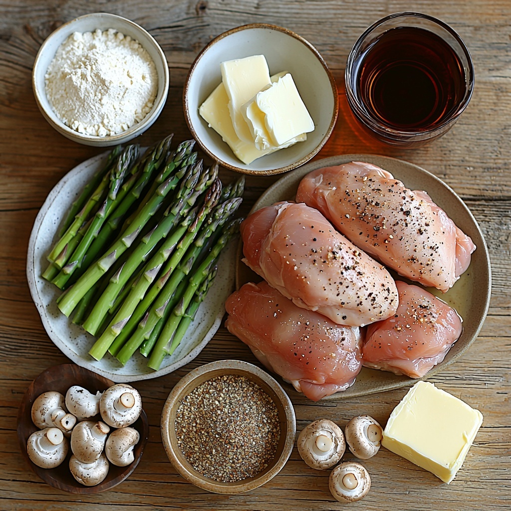 5- A clean, light wooden surface with all main ingredients for Chicken Madeira neatly arranged in a visually pleasing flat lay: two large boneless skinless chicken breasts placed center-left, uncooked, pink and fresh; a small white bowl with 1 cup golden chicken broth and next to it a smaller bowl containing ½ cup rich, dark beef broth; a single beef bouillon cube resting beside them; a small glass dish with 1 tablespoon heavy cream showing its smooth, creamy texture; 2 teaspoons Worcestershire sauce in a small clear bowl, deep brown and glossy; tiny dishes with onion powder, mustard powder, and garlic powder arranged in neat piles of fine, pale yellow and off-white powder; a mound of ¼ cup flour, pure white and powdery; 1-2 tablespoons olive oil in a small glass container, golden and glistening; a bundle of 12 fresh green asparagus spears, crisp and vibrant; 2 tablespoons butter, creamy and pale yellow, on a small rustic plate; 3 cloves of garlic, peeled and minced, showing their fine texture; a glass of deep amber Madeira wine with reflections; a small bowl of 8 oz. cremini mushrooms, their rich brown caps smooth and matte; 3 tablespoons flour scattered lightly beside the chicken; a small pile of finely grated Parmesan cheese, snowy white with a coarse texture; and a small mound of shredded mozzarella cheese, soft and white, loosely layered. Ingredients are balanced in color contrast and texture variety, spaced with intention to create harmony and guide the eye around the frame. Natural daylight from top left casting soft shadows, minimal props for an uncluttered look emphasizing freshness and quality. Overhead shot, top down view, flat lay photography, professional food styling --ar 1:1 --q 2 --s 750 --v 6.1