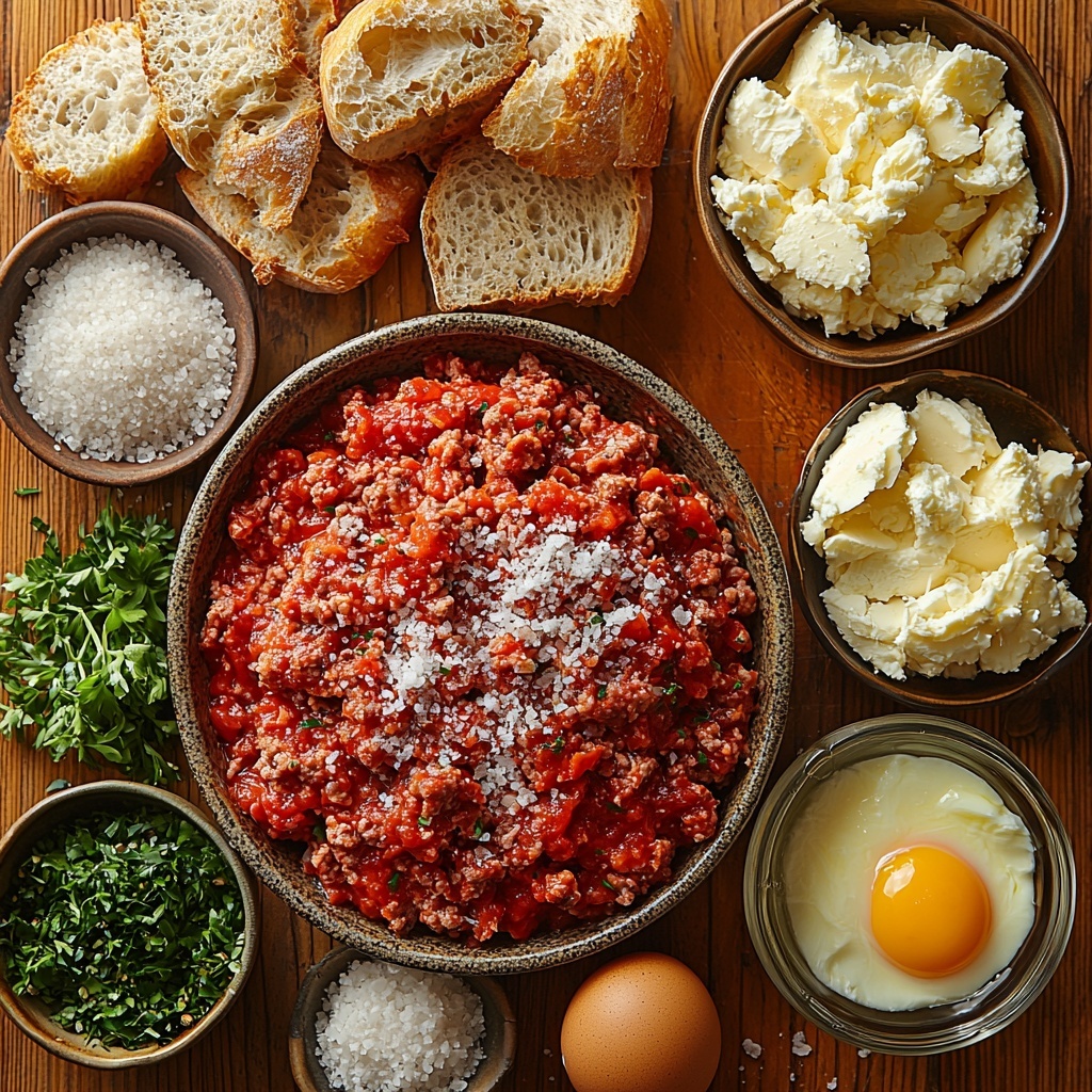 6- Ground beef in a rustic ceramic bowl, coarse texture visible; small piles of salt, black pepper, and garlic powder in delicate glass bowls; a cracked large egg with vibrant yolk in a clear glass dish; a measuring cup filled with fluffy panko bread crumbs; a small bowl of freshly grated Parmesan cheese with fine shreds; a heap of bright green diced fresh Italian parsley; a bowl of rich, deep red marinara sauce with visible tomato chunks and herbs; generous handfuls of shredded mozzarella cheese, soft and creamy white; four sliced French bread or sub rolls with a golden crust resting nearby; a small dish of melted golden butter with a glossy surface; all ingredients neatly arranged on a clean, light wood surface with natural morning light enhancing the warm tones and textures, subtle shadows adding depth, minimal props for a fresh and inviting atmosphere, styled with attention to color contrast and ingredient freshness, emphasizing rustic Italian comfort food vibes. Overhead shot, top down view, flat lay photography, professional food styling --ar 1:1 --q 2 --s 750 --v 6.1