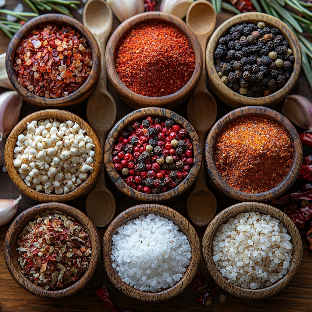 7- Teaspoons of vibrant red cayenne pepper, deep red paprika powder, fine white garlic powder, light beige onion powder, coarse black freshly ground pepper, and sparkling white sea salt, each carefully measured and placed in small rustic ceramic bowls and scattered lightly on a clean, warm wooden surface. Surrounding the bowls are small wooden spoons gently resting beside each spice, with subtle natural light casting soft shadows to highlight the rich textures and colors of the powders. The arrangement is neat yet casual, balancing bright reds, creamy whites, and earthy tones, enhanced by a neutral linen napkin folded elegantly at one corner. Overhead shot, top down view, flat lay photography, professional food styling --ar 1:1 --q 2 --s 750 --v 6.1