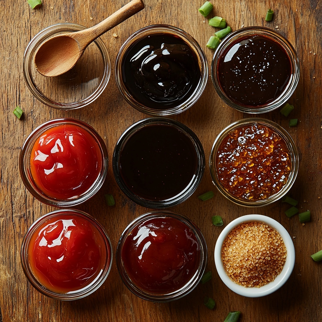 8- A beautifully styled flat lay of the main ingredients for Tonkatsu Sauce arranged neatly on a clean, light wooden surface. Small clear glass bowls contain vibrant red ketchup with its smooth, glossy texture; a deep brown Worcestershire sauce with a slightly viscous sheen; a dark, rich oyster sauce with a glossy, thick appearance; and a small white ramekin filled with fine-grained golden brown sugar. Around the bowls, a wooden spoon with some brown sugar sprinkled artistically adds warmth and natural texture. The setup is brightly lit with soft, diffused natural light highlighting the rich, contrasting colors and subtle reflections on the sauces. Minimal shadows enhance the fresh and inviting look. The composition is orderly yet relaxed, emphasizing the different textures and hues, with clean negative space that keeps the focus on the ingredients. Overhead shot, top down view, flat lay photography, professional food styling --ar 1:1 --q 2 --s 750 --v 6.1