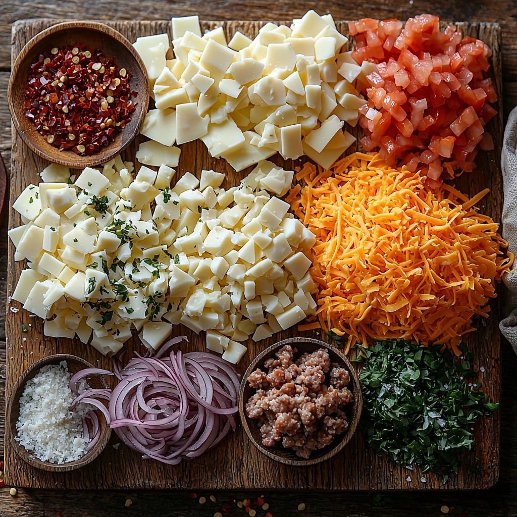 9- 2 cups shredded mozzarella cheese piled loosely with soft, stringy texture and creamy white color; 1 cup shredded cheddar cheese with vibrant orange hue and slightly crumbly texture scattered nearby; 4 large eggs with smooth brown shells arranged in a neat cluster; ½ lb cooked and crumbled breakfast sausage pieces showing rich brown, crispy edges and juicy interior; ¼ cup finely diced red onion with translucent purple cubes adding a pop of color; 1 tablespoon freshly chopped bright green parsley or chives scattered delicately for freshness; small wooden bowl of red pepper flakes with deep red flakes suggesting heat; salt and black pepper in small elegant dishes or sprinklings; all ingredients laid out on a clean, light-colored wooden surface enhancing natural tones; natural soft diffused daylight highlighting textures with subtle shadows; minimal rustic props such as a linen napkin and simple wooden spoon to add warmth without distraction; neat, organized but relaxed arrangement allowing each ingredient’s colors and textures to stand out distinctly; overhead shot, top down view, flat lay photography, professional food styling --ar 1:1 --q 2 --s 750 --v 6.1