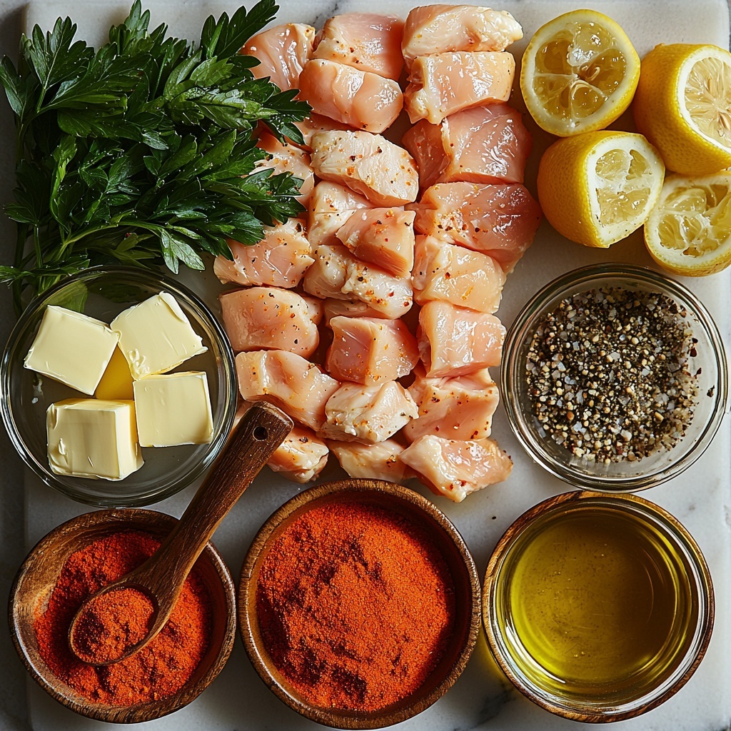 11- boneless, skinless chicken breasts, olive oil in a small glass bowl, unsalted butter divided into two small pats and one tablespoon chunk, garlic powder, onion powder, paprika, salt and black pepper in rustic ceramic spoons, a quarter cup of golden chicken broth in a clear measuring cup, small dish with fresh lemon juice, fresh green parsley sprigs scattered delicately, all ingredients arranged neatly on a clean white marble surface, warm natural light highlighting the rich textures of raw chicken and vibrant spices, minimal shadows, slight rustic wooden spoon and linen napkin placed casually to one side for a cozy Southern kitchen vibe, emphasis on color contrast between pale chicken, deep red paprika, and bright green parsley, overhead shot, top down view, flat lay photography, professional food styling --ar 1:1 --q 2 --s 750 --v 6.1