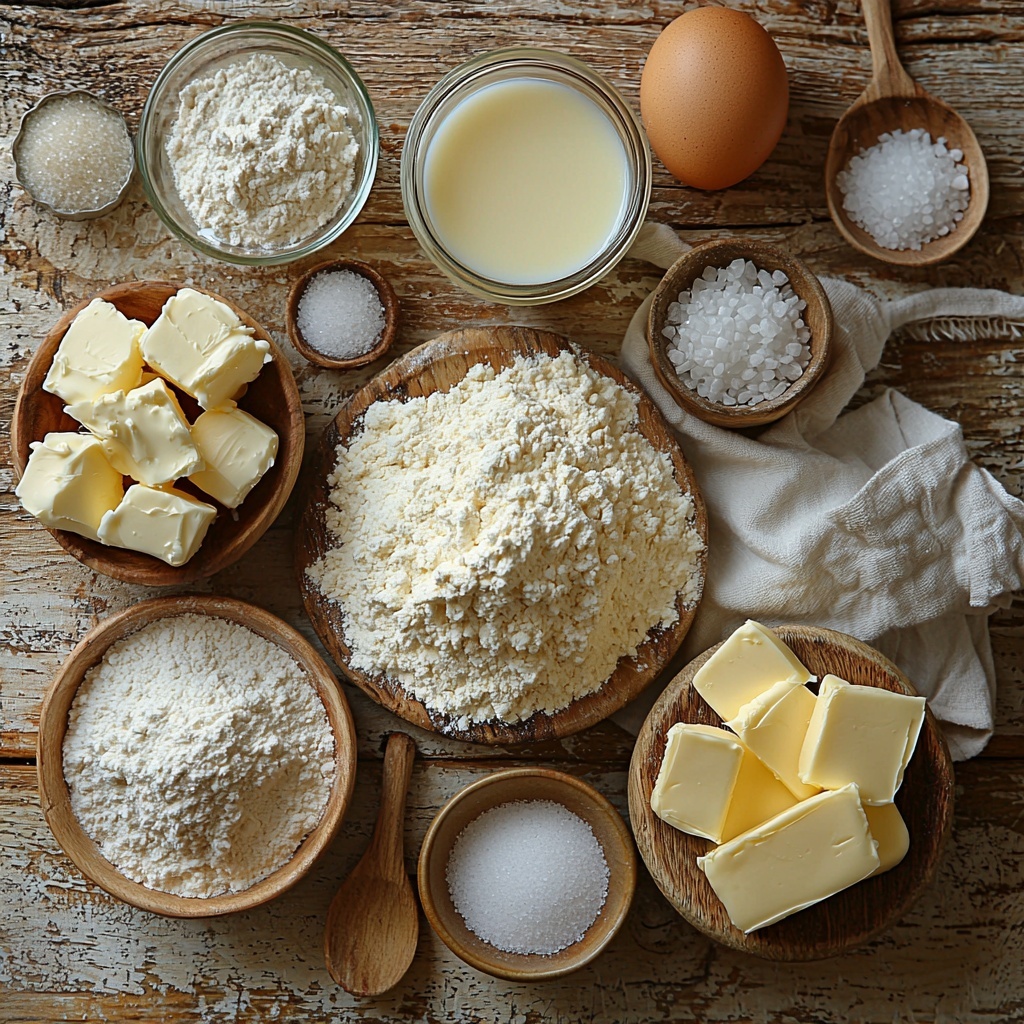 12- A clean, light wooden surface with all the main ingredients for sweetened condensed milk rolls neatly arranged for flat lay photography. A small heap of unbleached all-purpose flour with its soft, powdery texture; next to it, a small glass jar of fine white sugar crystals shimmering subtly; a tiny bowl holding golden-yellow unsalted butter at room temperature, smooth and creamy; a clear measuring cup with warm milk showing its slightly creamy, pale beige color; a small ramekin with a single large, brown-speckled egg at room temperature; a neat pile of fine white salt crystals; and a tiny bowl with beige instant yeast granules. Each ingredient is spaced evenly with a few rustic wooden spoons and a folded white linen napkin for warmth. Soft natural light enhances the varied textures and subtle off-whites, creams, and golden hues, creating a cozy, inviting atmosphere. The composition feels balanced, minimalistic, and clean, emphasizing the freshness and simplicity of the ingredients. Overhead shot, top down view, flat lay photography, professional food styling --ar 1:1 --q 2 --s 750 --v 6.1